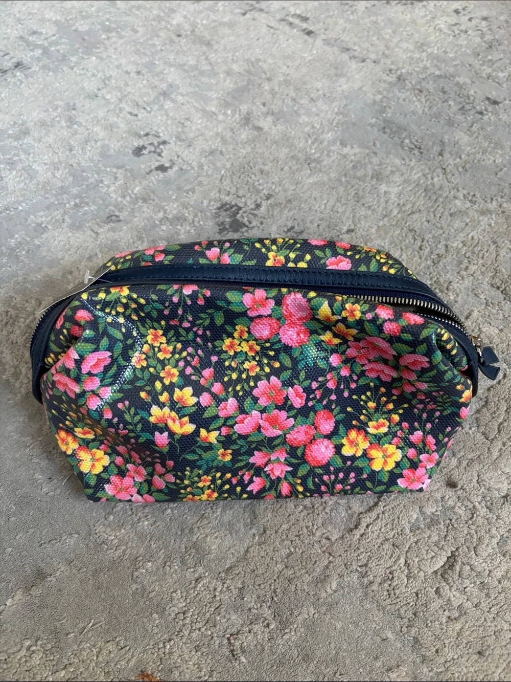 J. Crew Factory Navy Floral Zip Makeup Pouch with Pink & Yellow Blooms